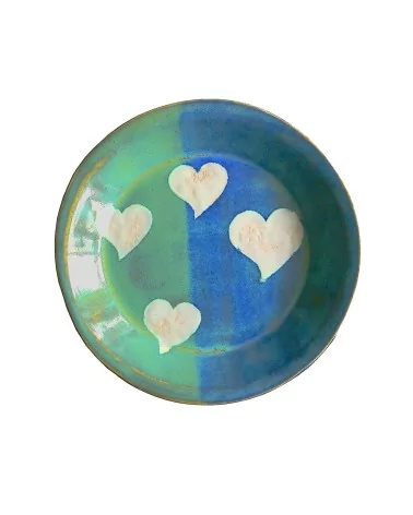 Dessert Ton-Teller - weisse Herzen auf blau/grün