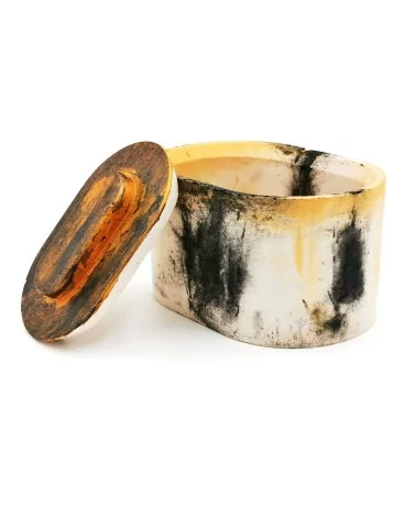 Gefäss Sunset aus Gips - ovaler Topf & Behälter gold-schwarz - Bild seitlich mit Deckel