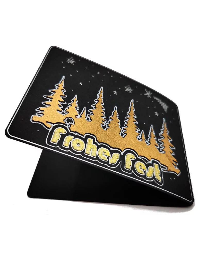 Spruchkarte & Grusskarte Winterwald - Weihnachten "Frohes Fest" gold auf schwarz liegend von oben