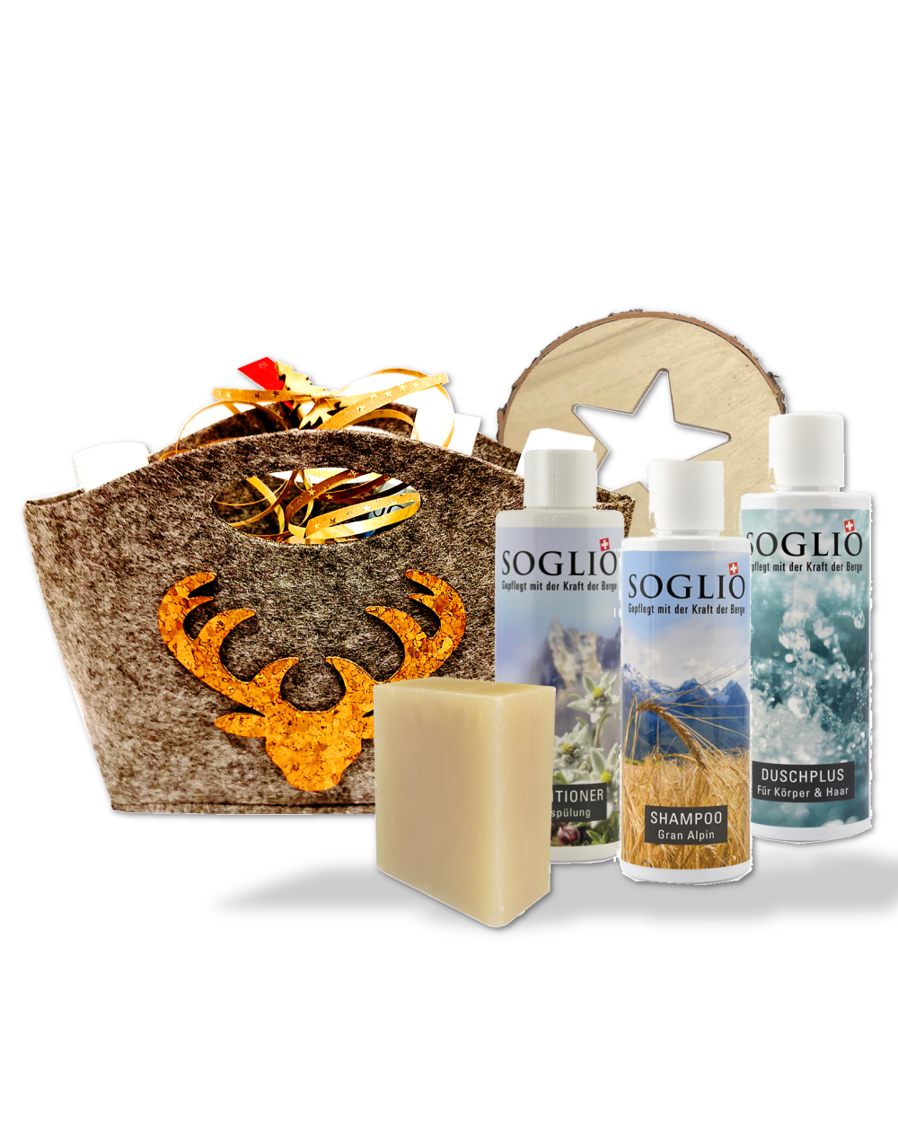 Geschenkset 3x Flüssigseife, Naturseife & Holzunterlage vegan - Hirsch gross