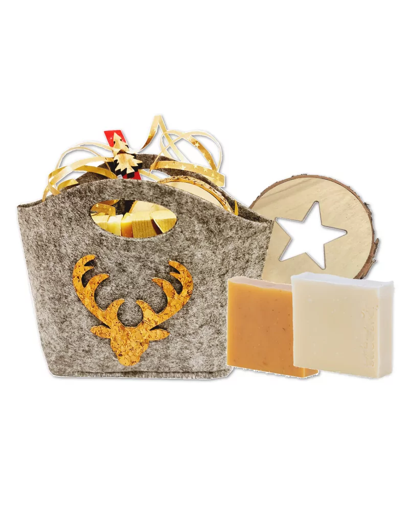 Geschenkset Weihnachten 3x Naturseife & Holzunterleger - Hirsch klein - Illustration alle Produkte