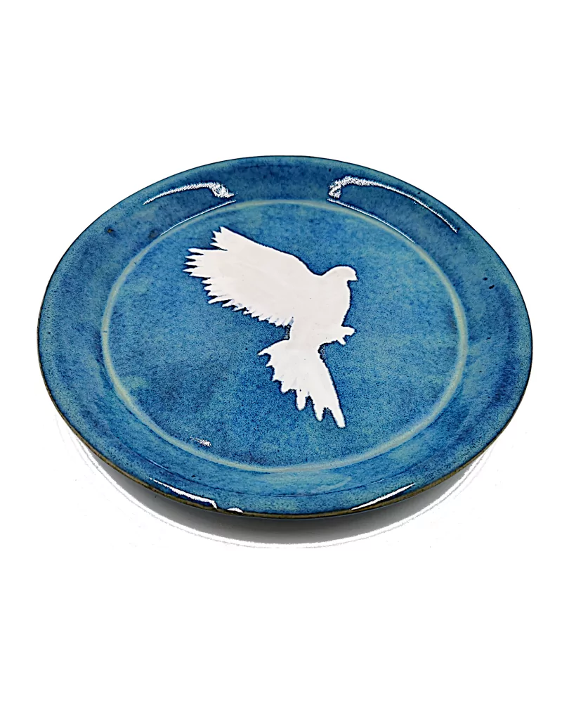 Weihnachts- & Friedens-Teller Taube aus Ton - weisse Taube auf blau - seitlich