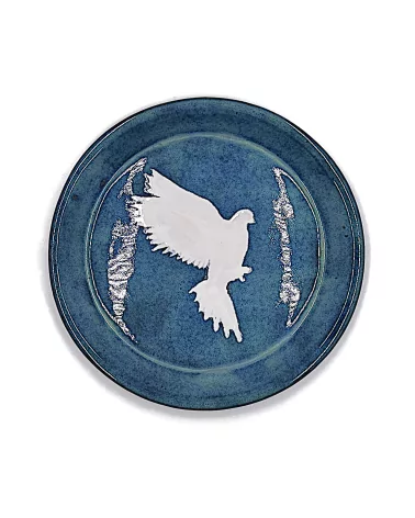 Weihnachts- & Friedens-Teller Taube aus Ton - weisse Taube auf blau - von noben