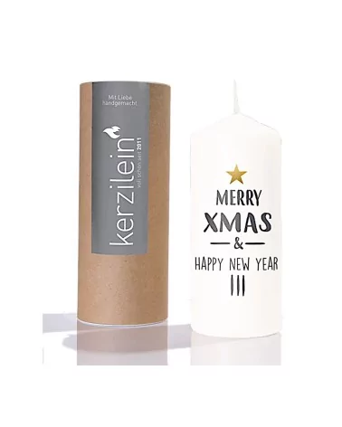 Stumpenkerze "Merry Xmas & Happy New Year" anthrazit - Flamme 19 x 8 cm