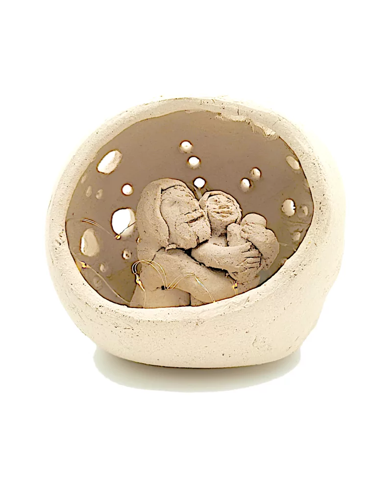 Grosse Kugel-Krippe aus Ton - Lichtkugel Szene 2 Jesus, Maria & Josef mit Stern im Dach ganze Krippe