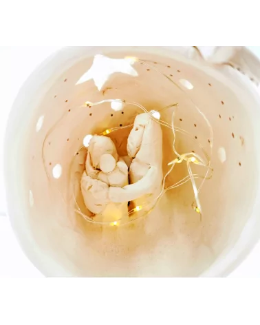 Kleine Kugel-Krippe aus Ton - Weihnachtskrippe Maria, Josef & Kind Szene 2 für Weihnachten beleuchtet