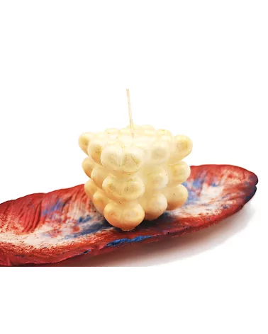 Schale Blatt aus Gips mit Olivenwachs-Kerze Herzen - ovale Alltagsschale & Schmuckschale rot blau