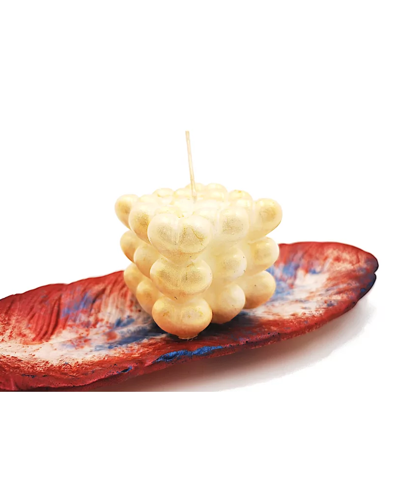 Schale Blatt aus Gips mit Olivenwachs-Kerze Herzen - ovale Alltagsschale & Schmuckschale rot blau