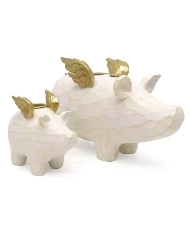 4er-Kerzenständer Schwein weiss-gold aus Holz - für Stabkerzen