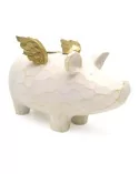 4er-Kerzenständer Schwein weiss-gold aus Holz - für Stabkerzen vor weissem Hintergrund