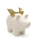 1er-Kerzenständer kleines Schweinchen gold-crème aus Holz - für Stabkerzen mit weissem Hintergrund