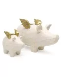 Set 1er-Kerzenständer und 4er-Kerzenständer Schwein weiss-gold aus Holz für Stabkerzen - Set vor weissem Hintergrund