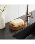 Ovale Seifenschale aus reclaimed Teak-Wurzelholz Fair-Trade - mit Seife bei Lavabo mit schwarzem Untergrund
