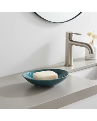 Seifenschale Ton rund azur blau neben Lavabo 2