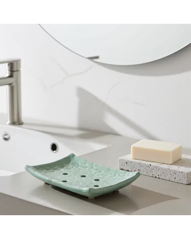 Seifenschale Ton rechteckig mint-grün vor weissem Lavabo