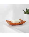 Seifenschale Ton rechteckig orange hinter Lavabo mit Pflanze
