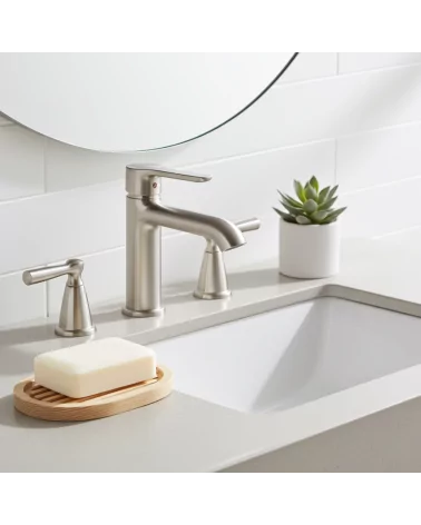 Ovale Seifenschale aus Douglas-Holz mit Seife, handmade im Werkstatt Schweiz, neben Lavabo im Bad