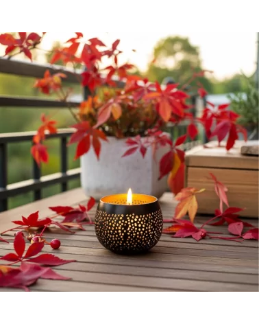 Teelicht & Goldlicht - Teelichtschale Ball gelocht anthrazit-gold 12 cm - Teelicht auf Balkon im Herbst