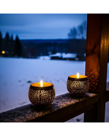 Teelicht & Goldlicht - Teelichtschale Ball gelocht anthrazit-gold 12 cm - zwei Teelichter auf Balken im Dunkeln im Winter