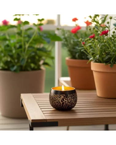 Teelicht & Goldlicht - Teelichtschale Ball gelocht anthrazit-gold 12 cm - Teelicht auf Terrasse im Sommer