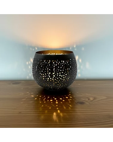 Teelicht & Goldlicht - Teelichtschale Ball gelocht anthrazit-gold 12 cm leuchtend