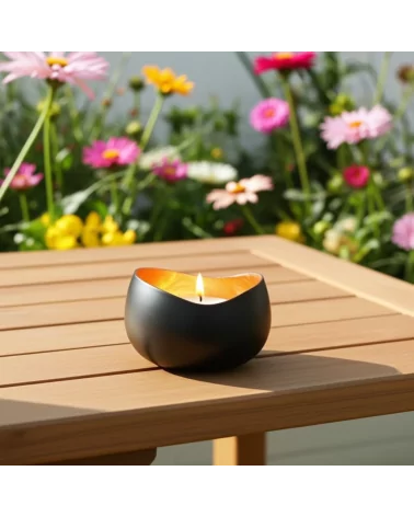 Teelicht & Goldlicht - Teelichtschale Swing bronze-gold 14 cm - im Sommer auf Tisch auf Balkon