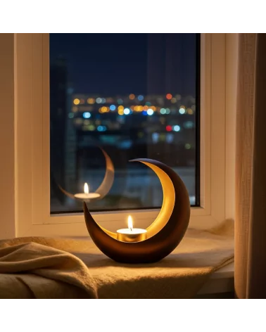 Teelicht & Goldlicht - Teelichschale Luna bronze-gold 15 cm - Teelicht in Nacht auf Fenstersims mit Blick auf Stadt