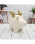 1er-Kerzenständer kleines Schweinchen weiss-gold aus Holz - für Stabkerzen - auf Holz-Tisch