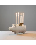 4er-Kerzenständer Schwein weiss-gold aus Holz - für Stabkerzen