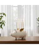 4er-Kerzenständer Schwein weiss-gold aus Holz - für Stabkerzen - auf schmaler Konsole