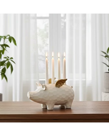 4er-Kerzenständer Schwein weiss-gold aus Holz - für Stabkerzen - auf schmaler Konsole