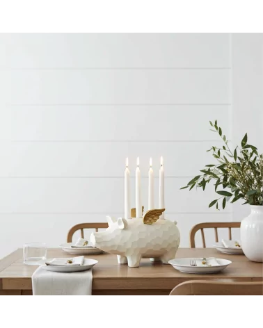 4er-Kerzenständer Schwein weiss-gold aus Holz - für Stabkerzen - auf Esstisch zur Dekoration beim Essen