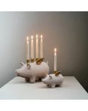 Set 1er-Kerzenständer und 4er-Kerzenständer Schwein weiss-gold aus Holz für Stabkerzen