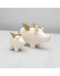 Set 1er-Kerzenständer und 4er-Kerzenständer Schwein weiss-gold aus Holz für Stabkerzen - auf Boden im Raum ohne Kerze