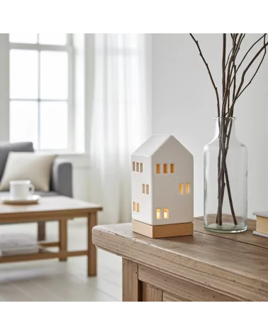 Lichthaus - Teelicht Haus - Dekoration Weihnachten - weiss-glänzend - 22,5 cm auf Highboard neben Pflanze