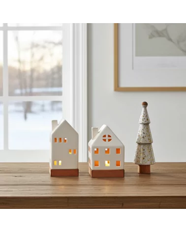 Set Weihnachten - Teelicht Haus, Stern, Baum - Dekoration in weiss/gold auf Tisch