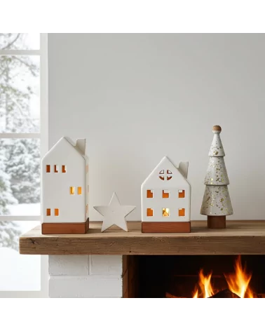 Set Weihnachten - Teelicht Haus, Stern, Baum - Dekoration in weiss/gold - auf Sims an Weihnachten