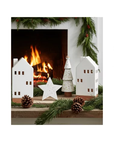 Set Weihnachten - Teelicht Haus, Stern, Baum - Dekoration in weiss/gold als Weihnachtsdekor vor Cheminée