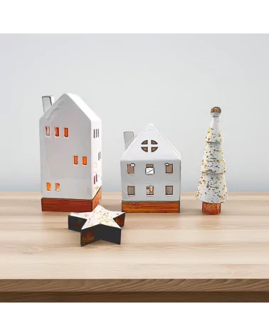 Set Weihnachten - Teelicht Haus, Stern, Baum - Dekoration in weiss/gold