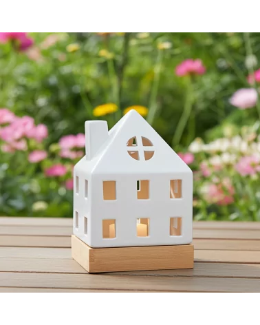 Lichthaus - Teelicht Haus - Dekoration Weihnachten - weiss-glänzend - 17.7 cm auf Tisch auf Terrasse