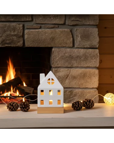 Lichthaus - Teelicht Haus - Dekoration Weihnachten - weiss-glänzend - 17.7 cm vor Cheminée