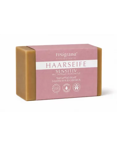 Aleppo-Haarseife Sensitiv mit Schwarzkümmelöl – für empfindliche Kopfhaut, vegan & BDIH-zertifiziert - mit Verpackung