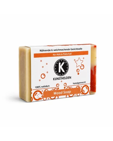 Gesichtsseife mit Ho-Holz & Patschuli - Naturseife Wood Soap mit Bandrolle verpackt