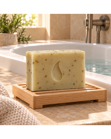 Rosmarin Haarseife, Duschseife & All-in-One Naturseife - Schweizer Seife vegan in Badezimmer neben Badewanne