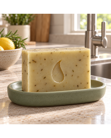 Rosmarin Haarseife, Duschseife & All-in-One Naturseife - Schweizer Seife vegan in Küche neben Lavabo