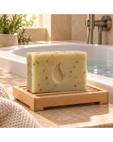 Rosmarin Haarseife, Duschseife & All-in-One Naturseife - Schweizer Seife vegan in Badezimmer neben Badewanne